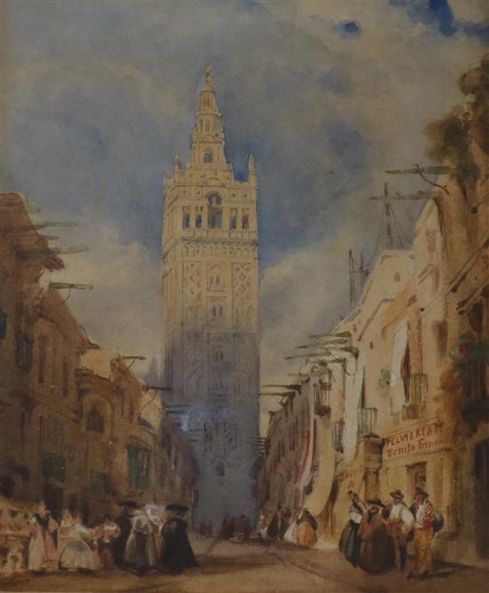 Manner of Samuel Prout, watercolour, Seville street scene, 9 x 7in.